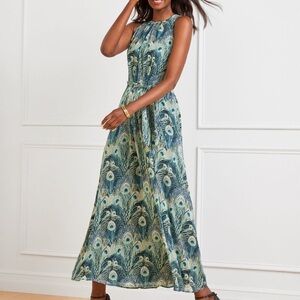 Talbots Women's Teal Blue Peacock Halter Maxi Dress with Metallic Accents Size 6
